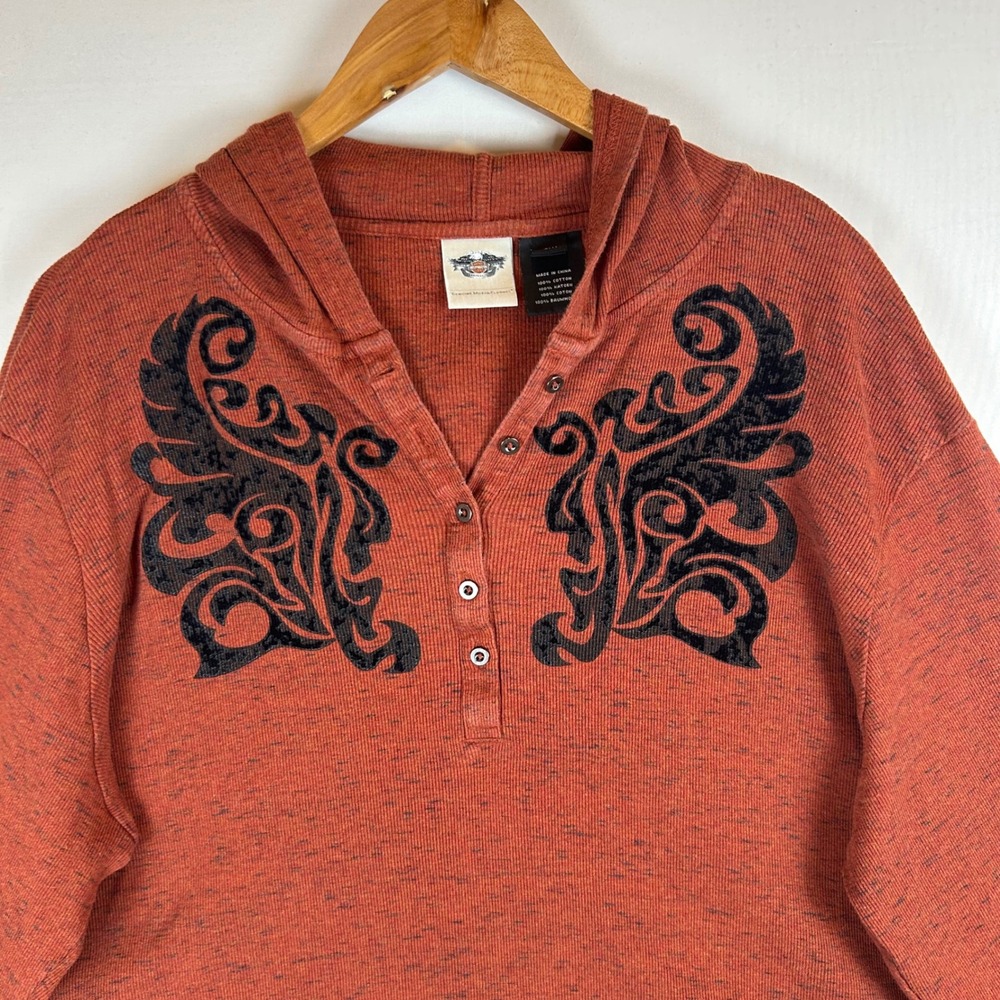 Harley-Davidson Womens 3W Rust Orange Space Dye Hooded Henley Flocked Top 2014 - Picture 6 of 12